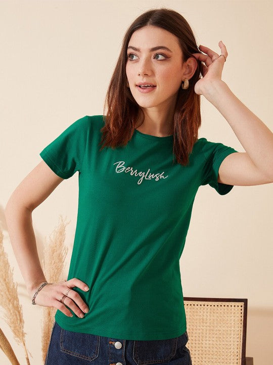 Green Brand Logo Embroidered Pure Cotton T-shirt