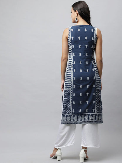 Women Blue & White Ethnic Motifs Printed Kurta