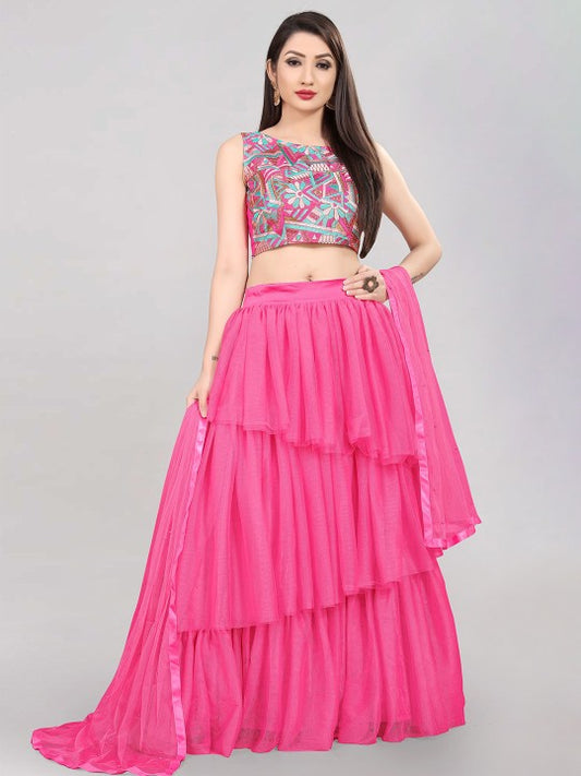 Floral Embroidered Thread Work Semi-Stitched Lehenga With Choli & Dupatta