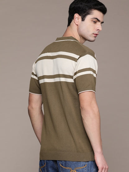 Men Striped Pure Cotton Polo Collar T-shirt