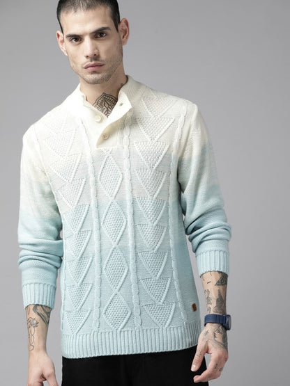 Men Blue & Cream-Coloured Cable Knit Pullover