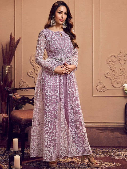 Floral Embroidered Keyhole Neck Long Sleeve High Slit Thread Work Kurta Set