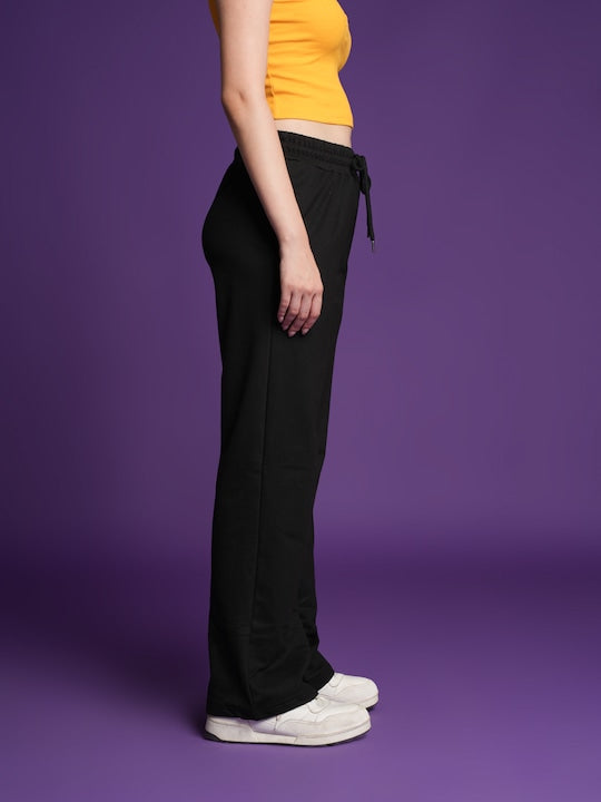 Women Black Mid-Rise Wide Leg Track Pants