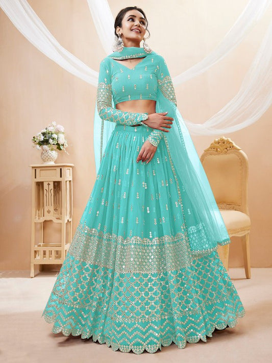 Dhrishafashion Women's Georgette Semi Stitched Lehenga Choli In Blue Colour Wedding Lehenga CholiForWomen