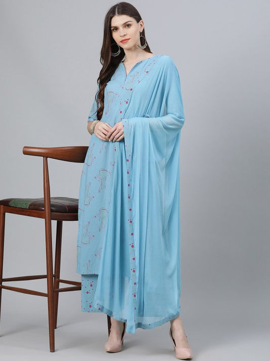 Women Blue Printed Kurta with Palazzos & With Dupatta