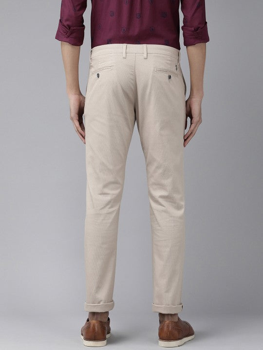 Men Beige Solid Slim Fit Corduroy Trousers