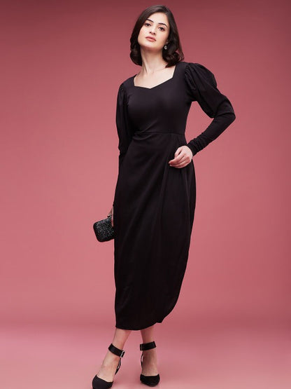 Black Puff Sleeves A-Line Midi Dress