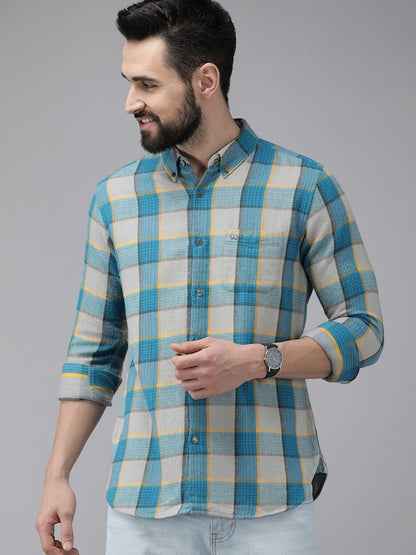 Men Grey & Teal Blue Slim Fit Checked Flannel Cotton Casual Shirt