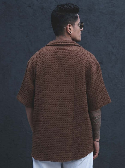 Brown India Slim Oversized Self Design Textured Cuban Collar Casual Shirt