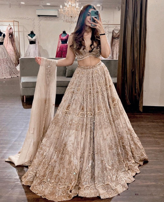 Cream net heavy work wedding lehenga choli