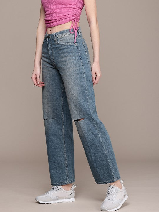 Women Wide Leg Slash Knee Light Fade Stretchable Jeans