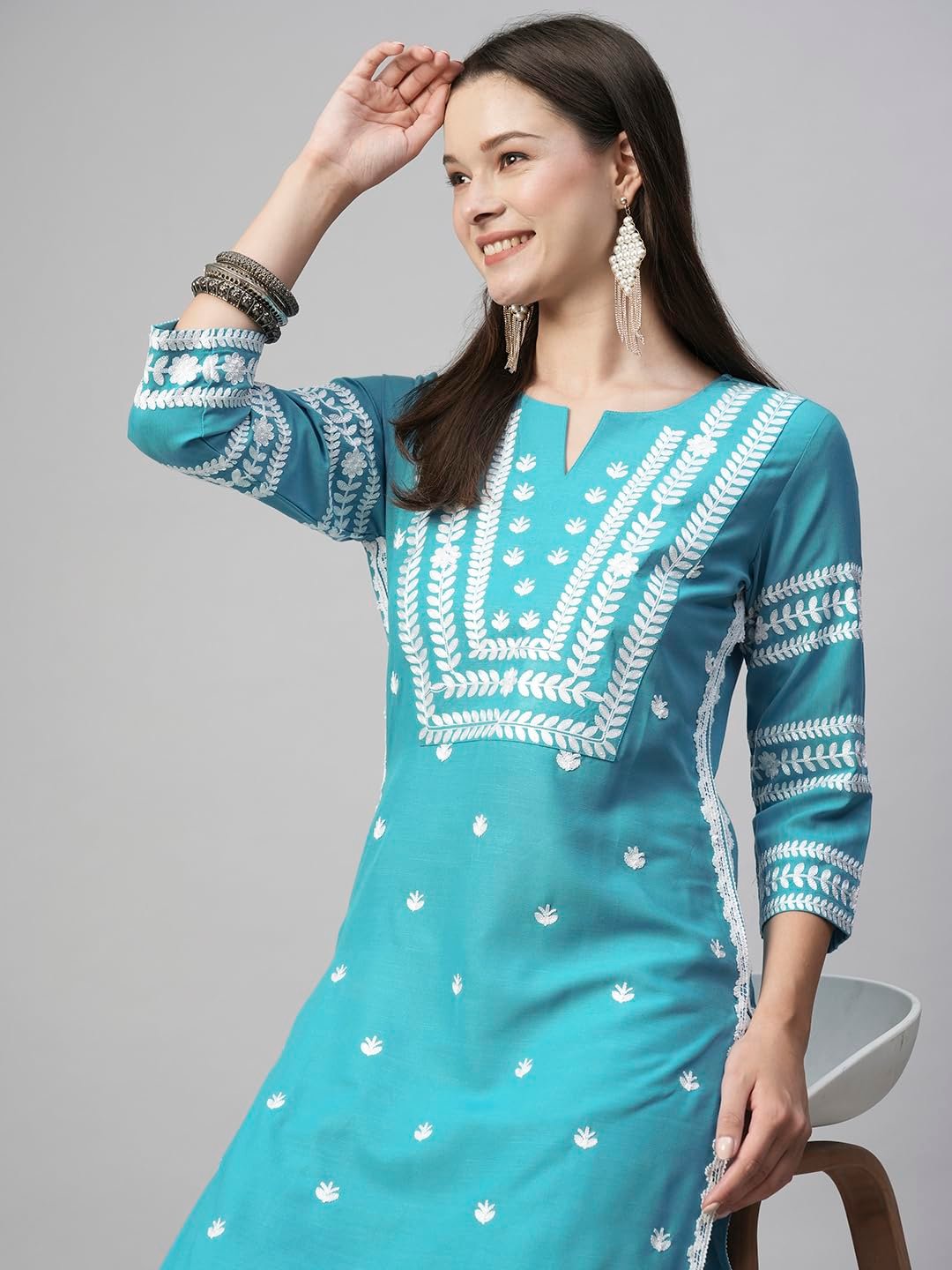 Women's Cotton Blend Chikankari Embroidered Straight Kurti