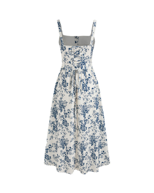 Square Neck Floral Corset Lace Up Midi Dress