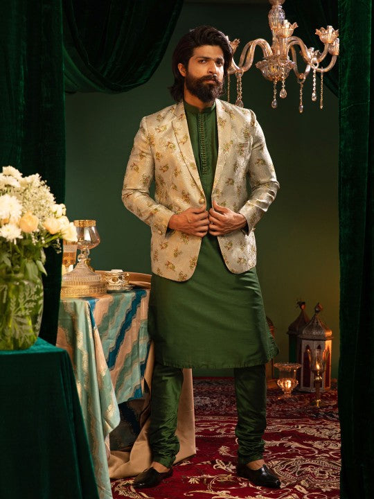 Men Green Ethnic Motifs Kurta and Churidar with Jacket