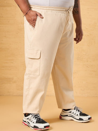 Beige Plus Size Men Mid-Rise Cotton Cargo Carpenter Trousers