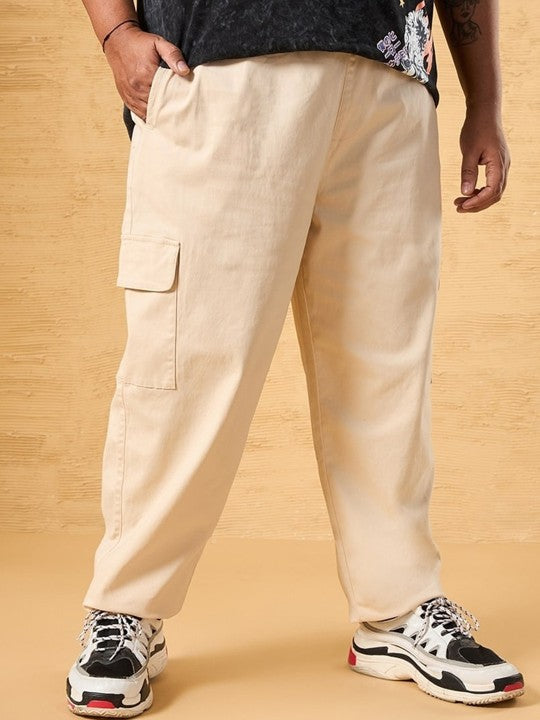 Beige Plus Size Men Mid-Rise Cotton Cargo Carpenter Trousers