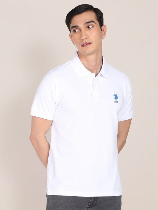 Men White Solid Polo Collar Pure Cotton Slim Fit T-shirt