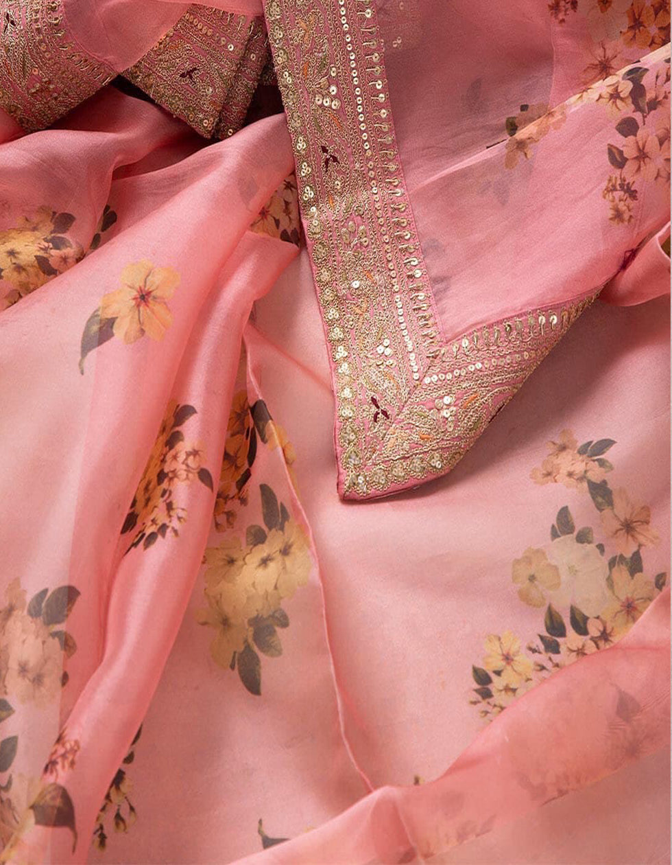 Peach Organza Sequin Work Saree