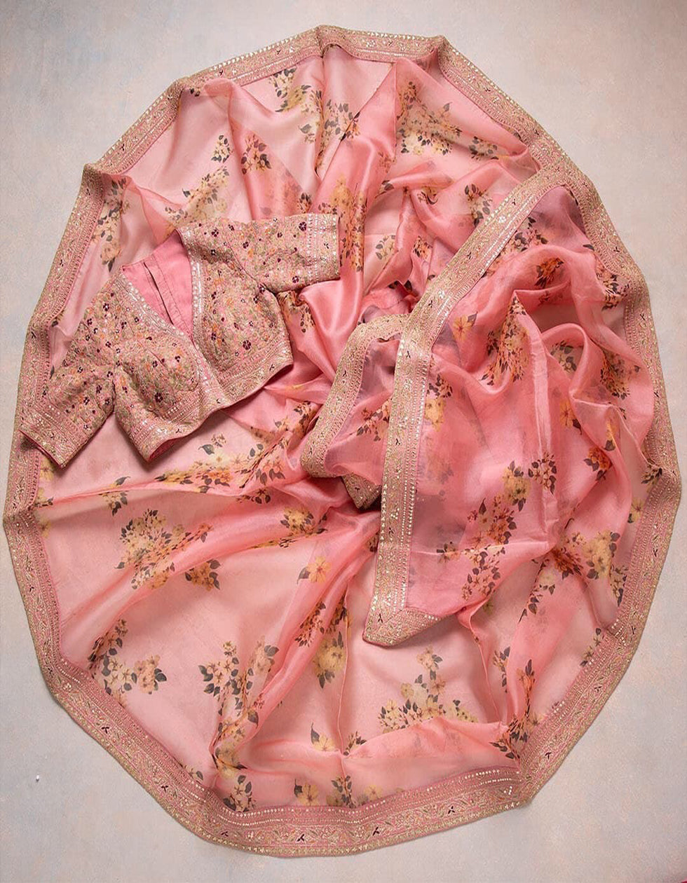 Peach Organza Sequin Work Saree