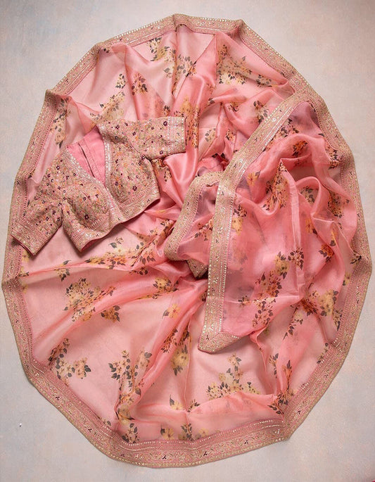 Peach Organza Sequin Work Saree