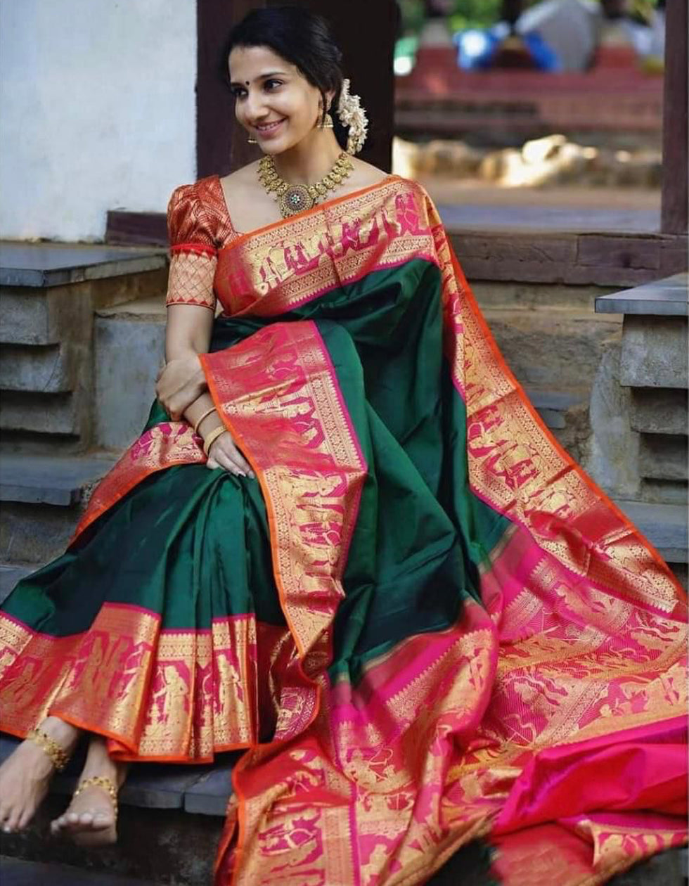 Green Lichi Silk Wedding Wear Saree With Red Border