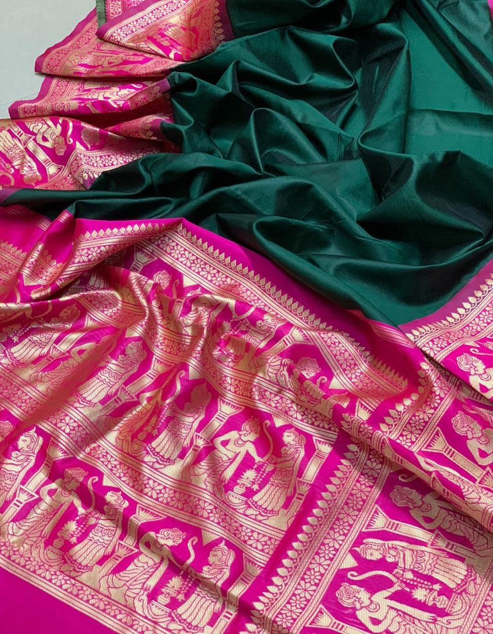 Green Lichi Silk Wedding Wear Saree With Red Border