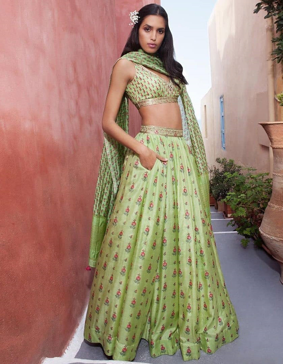 Light Green Butter Silk Printed Lehenga Choli