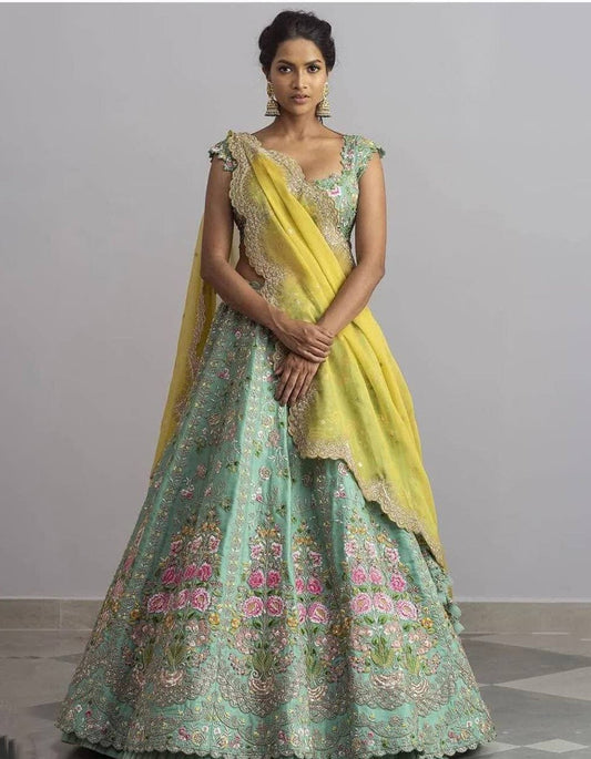 Designer Pista Green Satin Silk Floral Embroidery Lehenga Choli