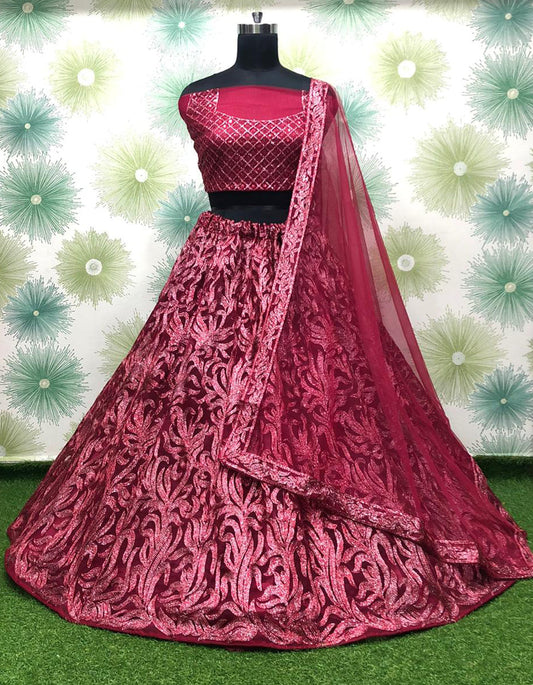 Red Net Embroidery Partywear Lehenga Choli