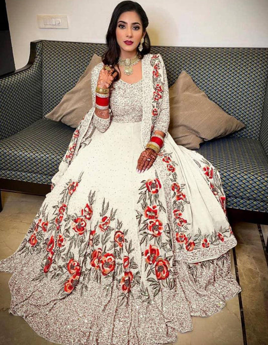 White Georgette Embroidery Wedding Wear Gown