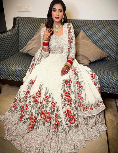 White Georgette Embroidery Wedding Wear Gown