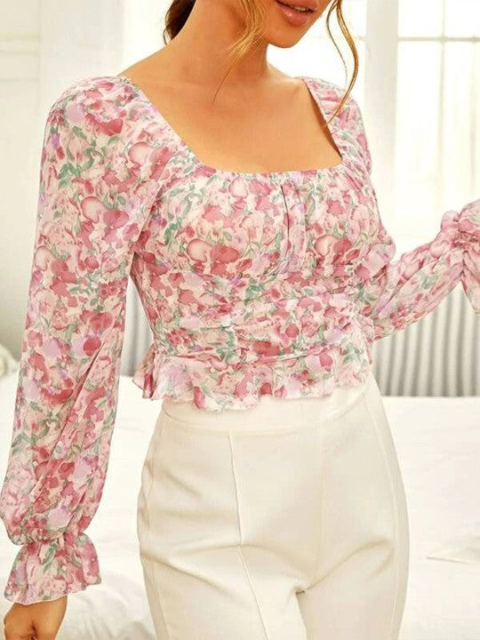 Floral Printed Square Neck Ruffled Sleeve Top