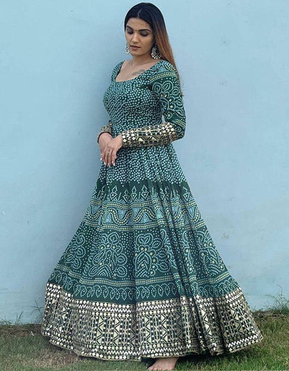 Green Printed Georgette Anarkali Suit With Net Dupatta