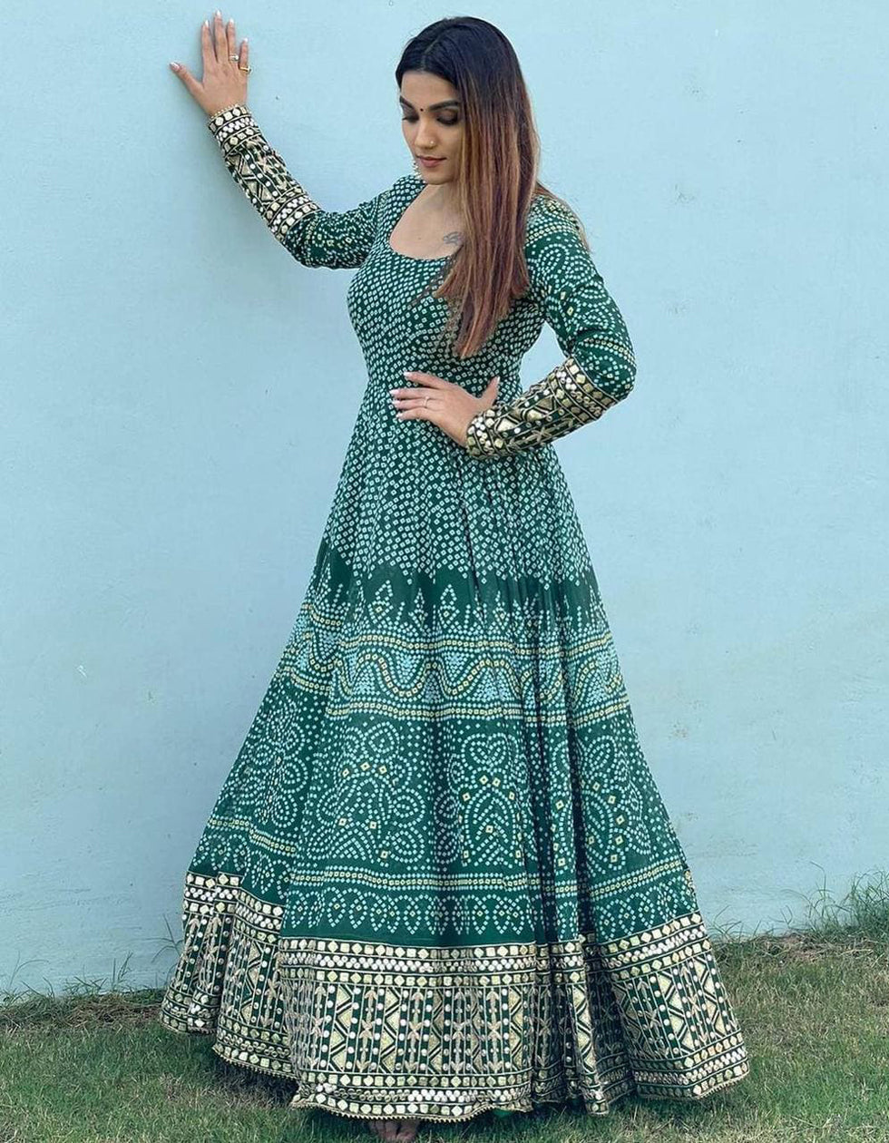 Green Printed Georgette Anarkali Suit With Net Dupatta