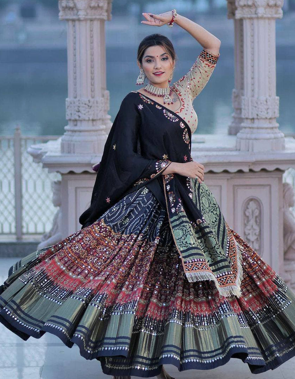 Navy Blue Butter Silk Printed Lehenga Choli