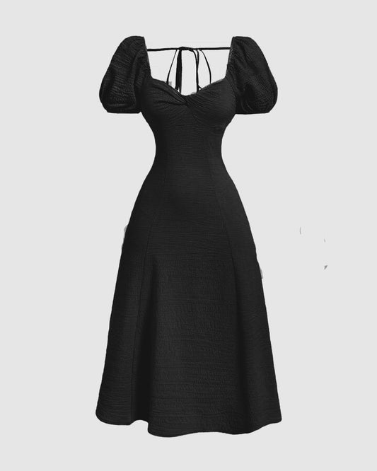 Summer Elegant Solid Color Puff Sleeve Cinch Waist Black Dress