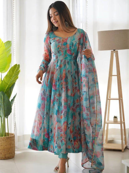 Floral Printed Tabby Organza Anarkali Kurta & Dupatta