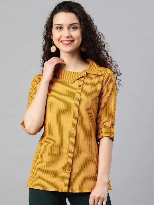 Striped Roll-Up Sleeves Shirt Style Top