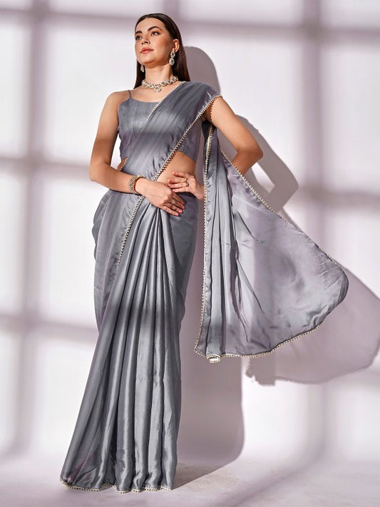 Grey Beads and Stones Pure Georgette Saree