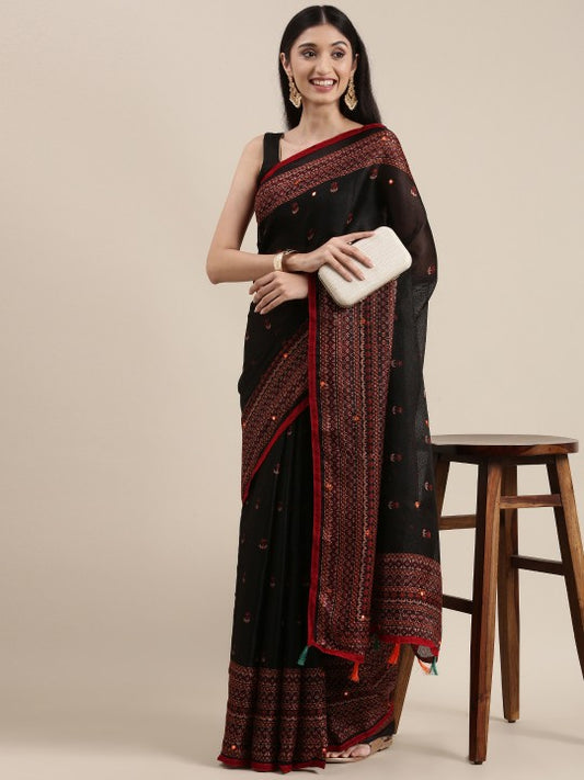 Black Ethnic Design Mirror Work Jute Silk Saree