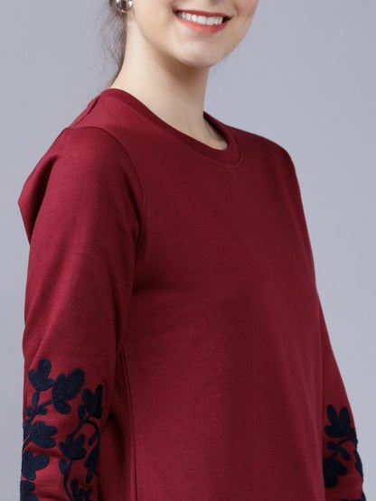 Women Maroon & Navy Blue Solid Sweatshirt