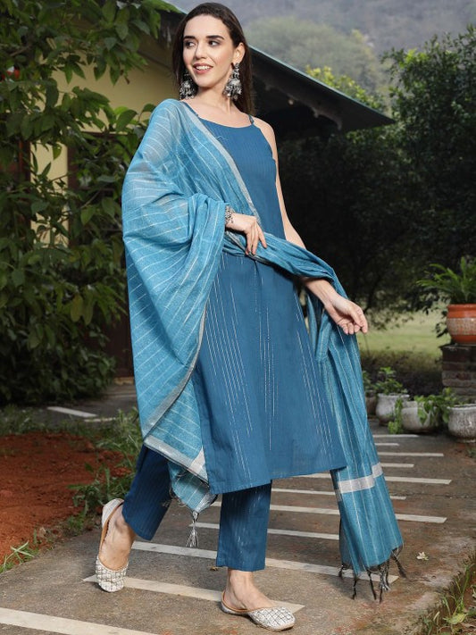 Striped Woven Design Shoulder Straps Straight Kurta With Trousers And Dupatta