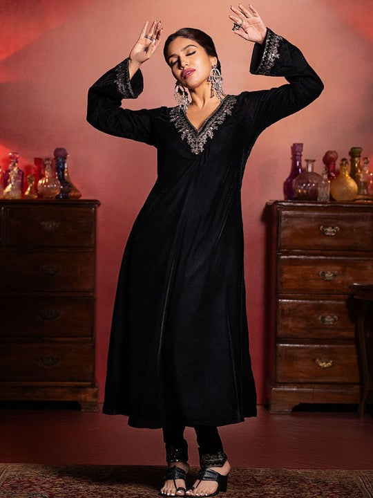 Embroidered Yoke Design Thread Work Straight Velvet Kurta With Trousers & Dupatta