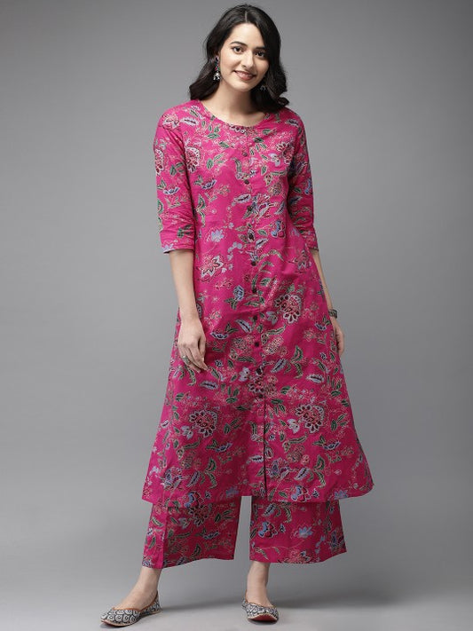 Women Pink Printed Kurta with Palazzos