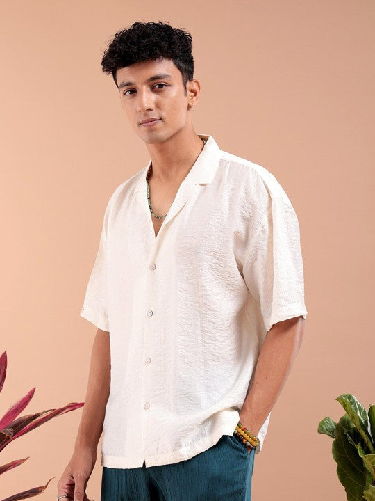 The Indian Garage Co Oversized Textured Cuban Collar Drop-Shoulder Sleeves Casual Shirt