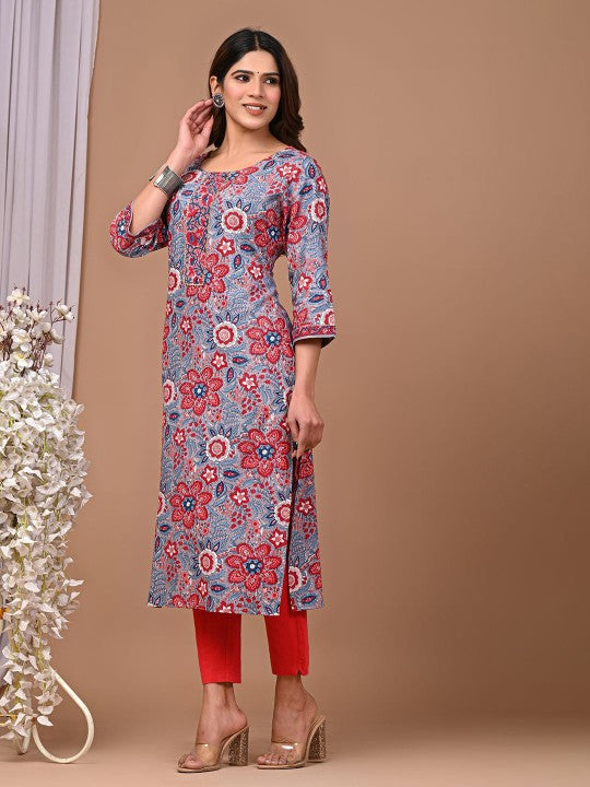 Floral Printed Round Neck Straight Kurta