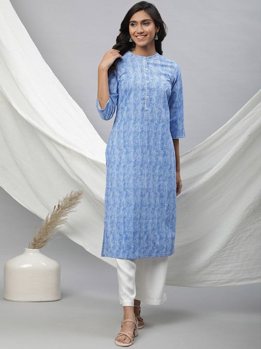 Band Collar Floral Printed Straight Cotton Kurta