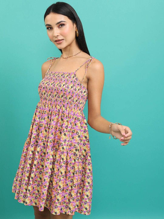 Purple Floral Printed Shoulder Strap Smocked Fit & Flare Dress