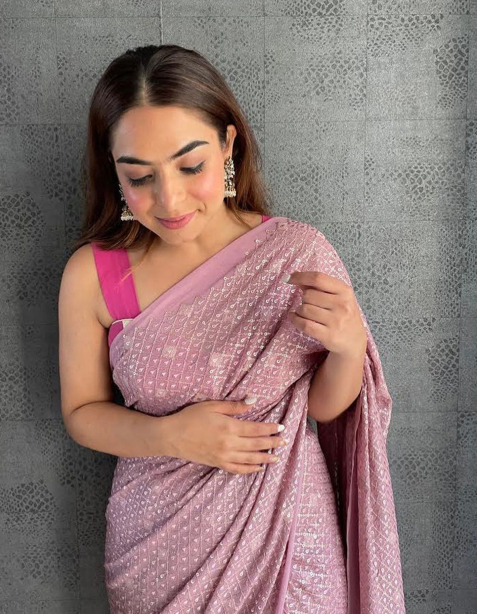 Light Purple Georgette Embroidery Work Saree