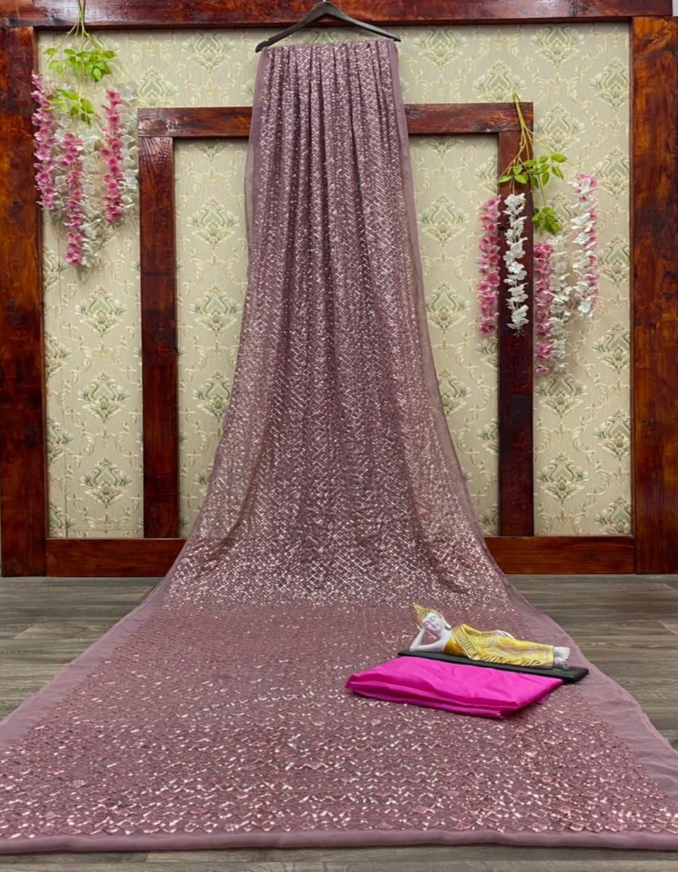 Light Purple Georgette Embroidery Work Saree